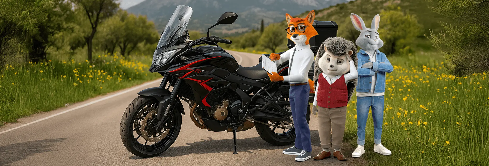 Ο Mr Pricefox, ο λαγός και ο σκατζόχοιρος δίπλα σε μια μηχανή σε επαρχιακό δρόμο.