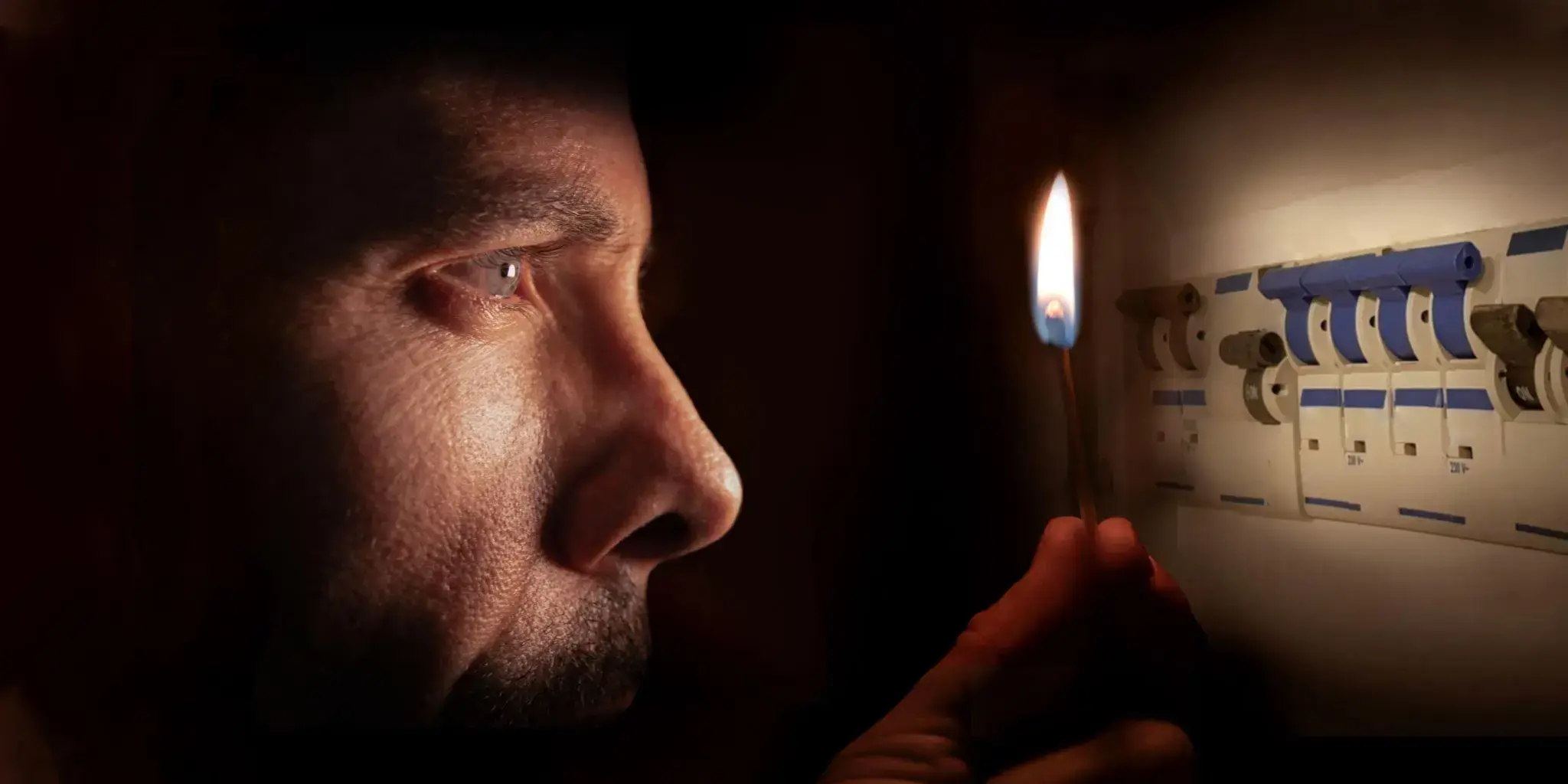 Άνδρας κρατά αναπτήρα, εξετάζοντας τον ηλεκτρικό πίνακα στο σκοτάδι λόγω διακοπής ρεύματος.