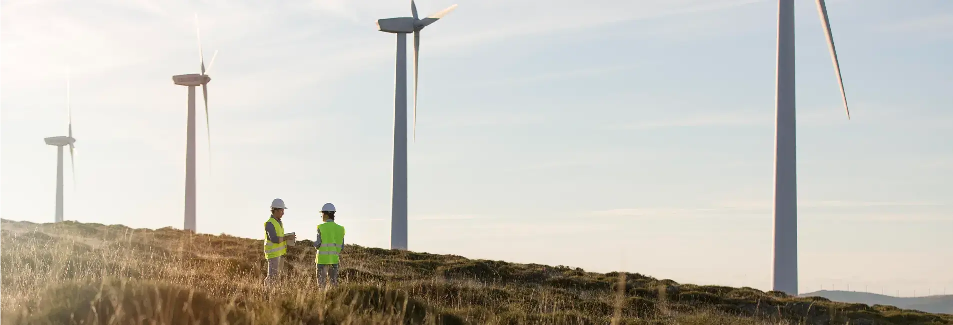 Εργαζόμενοι με κράνη και γιλέκα ασφαλείας σε αιολικό πάρκο με ανεμογεννήτριες.