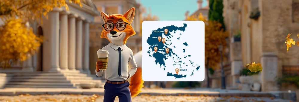 Ο Mr Pricefox με καφέ και χάρτης της Ελλάδας.