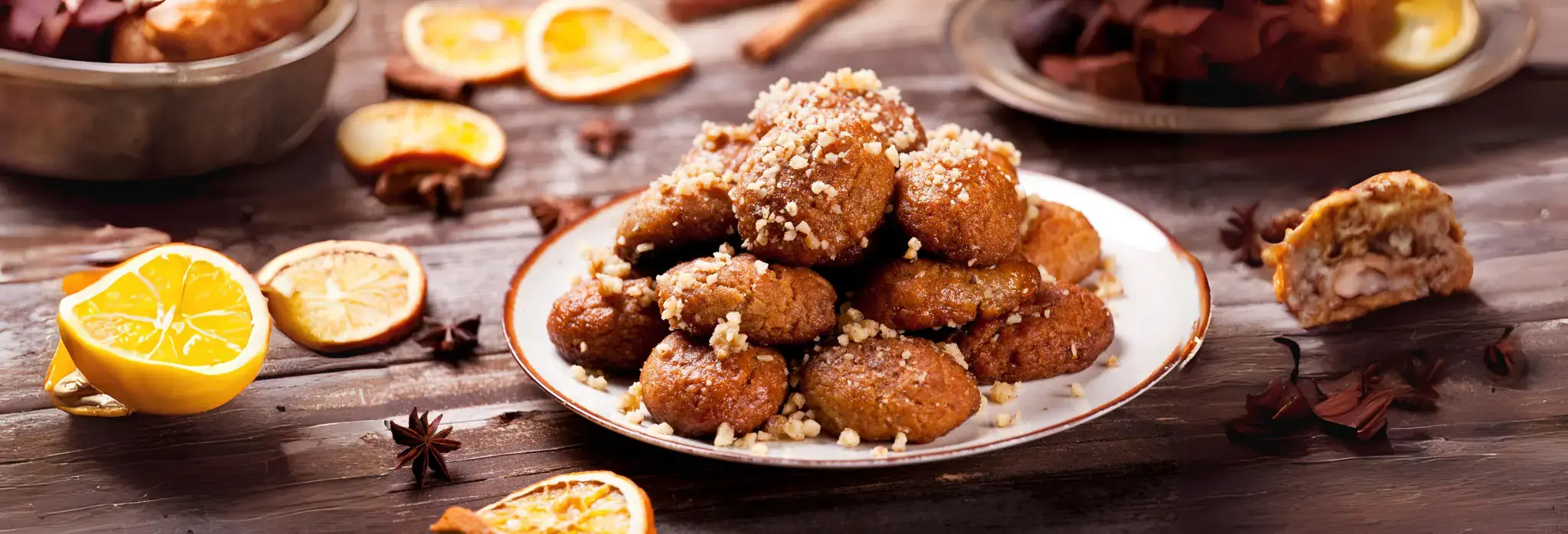 Μελομακάρονα σε πιάτο πάνω σε ξύλινο τραπέζι με λεμόνια και γαρύφαλλο.