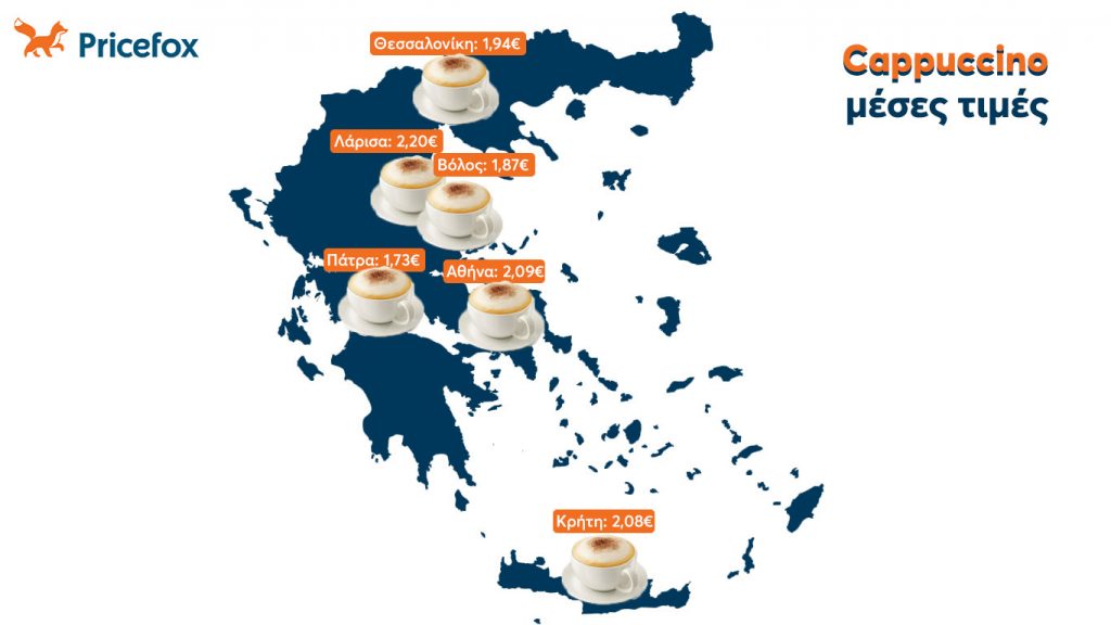 Χάρτης με μέσες τιμές capuccino στην Ελλάδα.