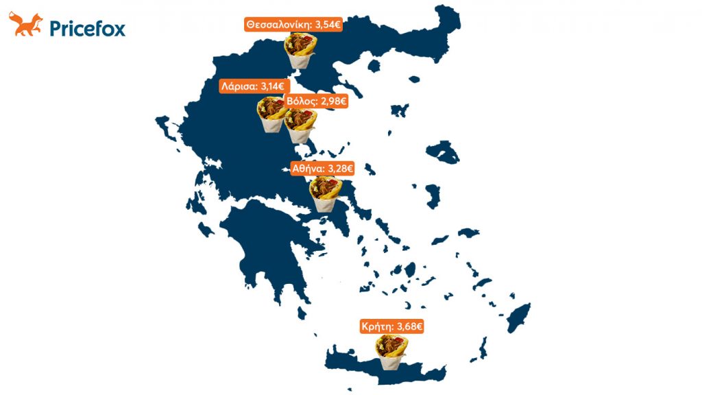 Χάρτης Ελλάδας με τιμές τυλιχτού ανά περιοχή.